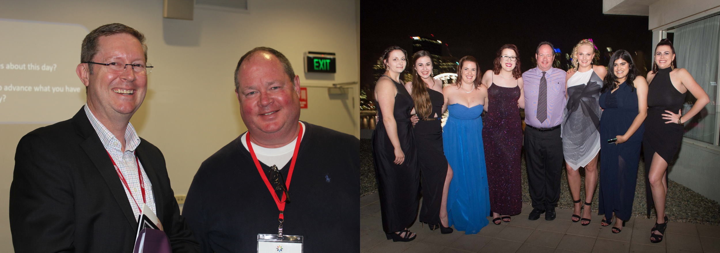 Hennessey with Bob Gee (Director-General Dept. of Youth Justice) at the 5th Annual Queensland Youth Justice Forum in 2019 and Hennessey with the 2015 Criminology Student Society (CSS) Ball with the outgoing Executive Committee